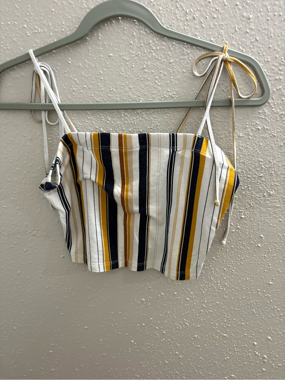 Striped Tie-Shoulder Crop Top in White, Navy & Mustard